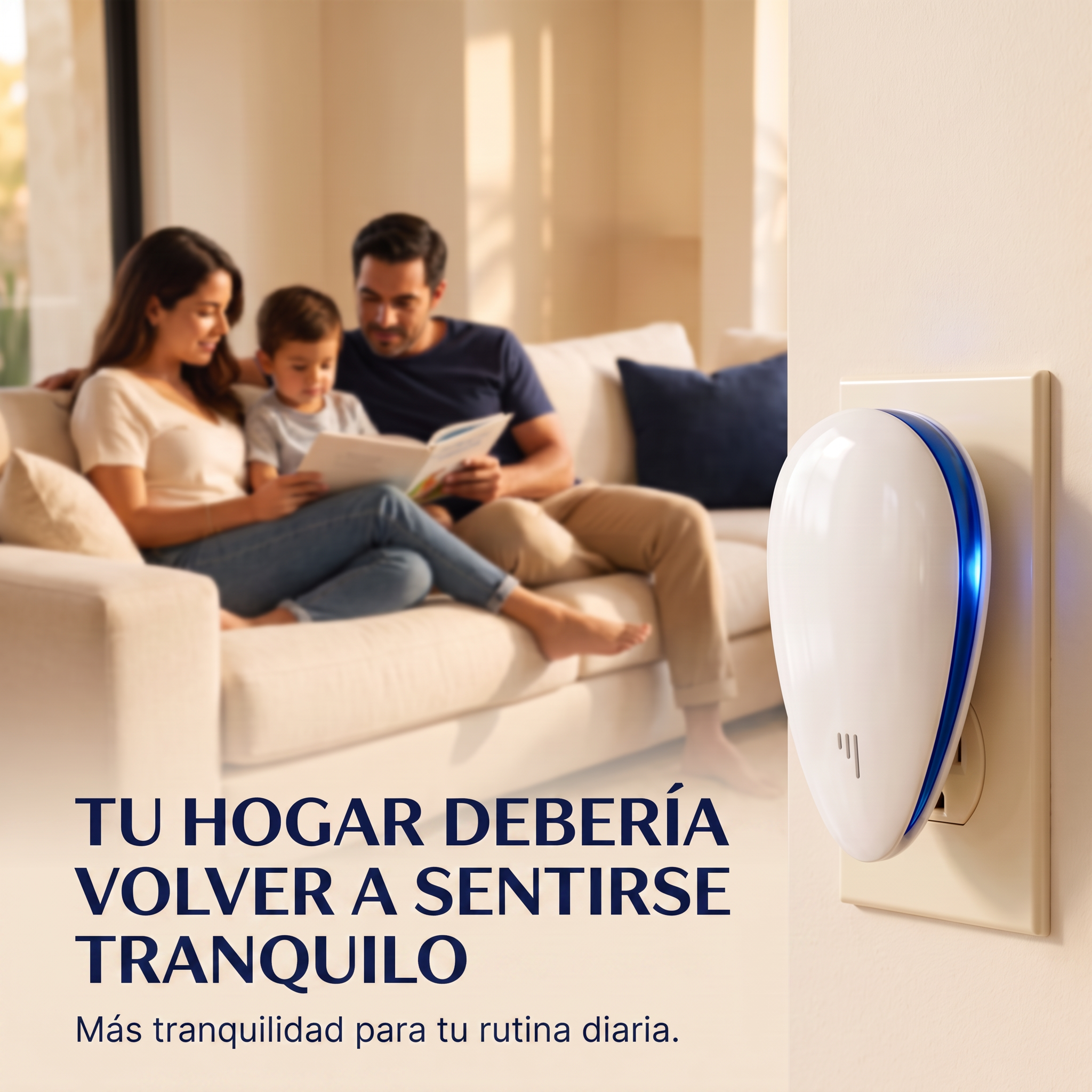 Familia relajada en su sala con el Centinela conectado — tu hogar debería volver a sentirse tranquilo