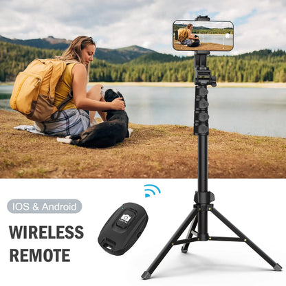 64”Phone & Camera Tripod with Remote and Phone Holder, Sturdy & Stable Height Adjustable Multi-Angle Shot Selfie Stick Tripod
