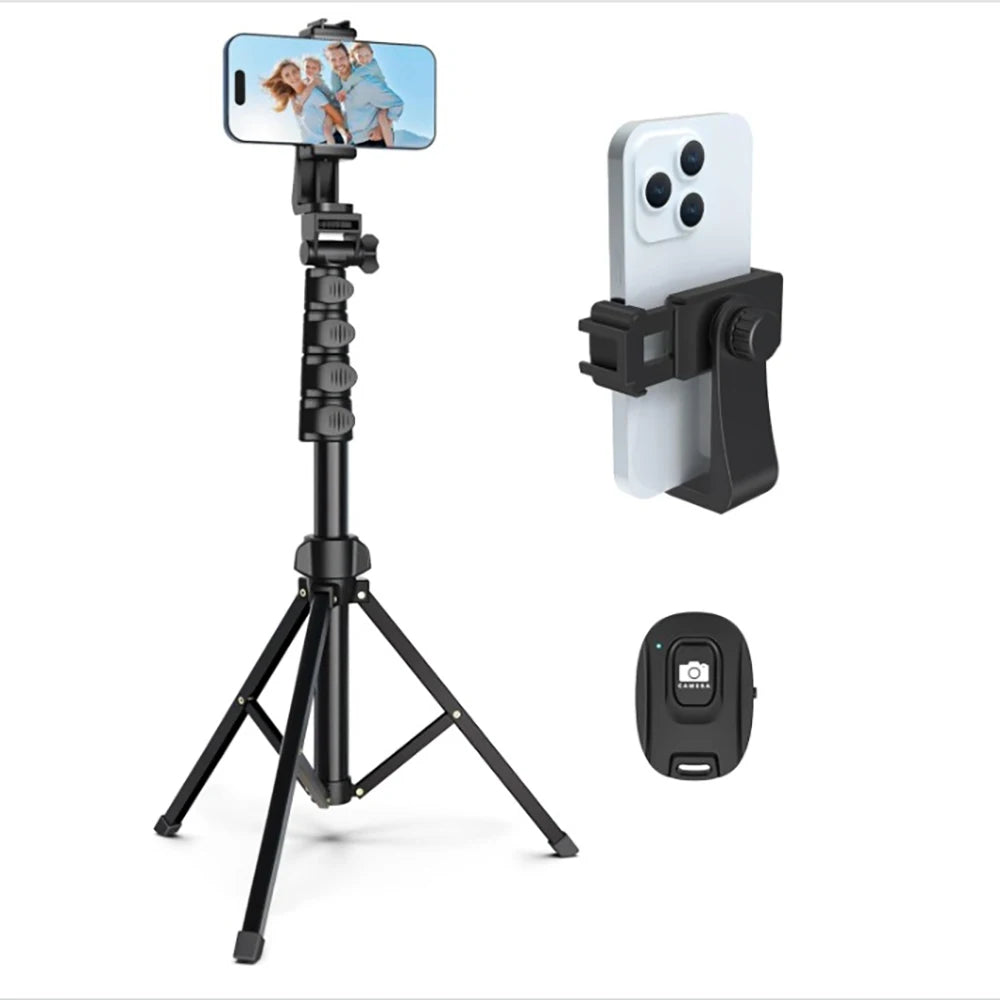 64”Phone & Camera Tripod with Remote and Phone Holder, Sturdy & Stable Height Adjustable Multi-Angle Shot Selfie Stick Tripod